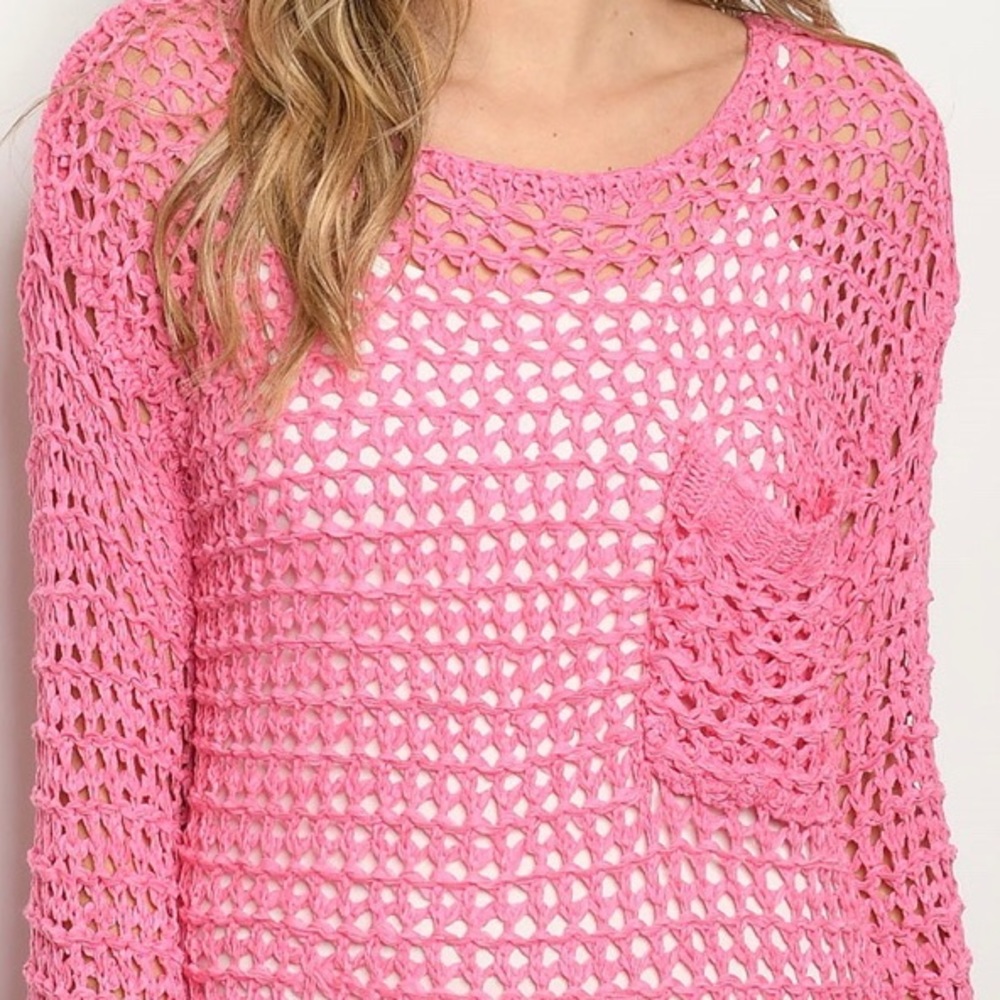 O&O Pink Open Net Long Bell Sleeve Front Pocket Tunic Top NWT - Picture 2 of 13